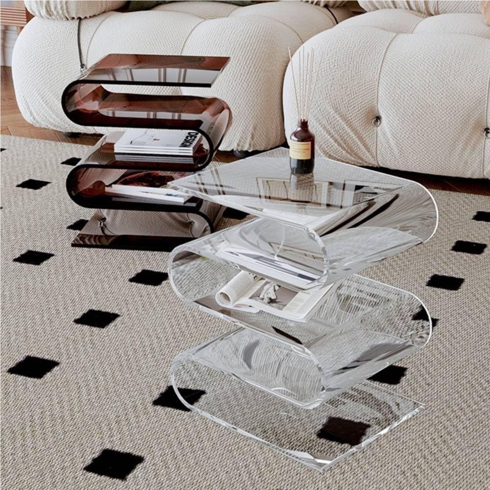S Shaped Acrylic Side Table, Sleek Nightstand, Acrylic Coffee Table, Clear Bedside Table, Magazine Bookshelf, End Table for Living Room, Bedroom, Study, Patio(Orange)