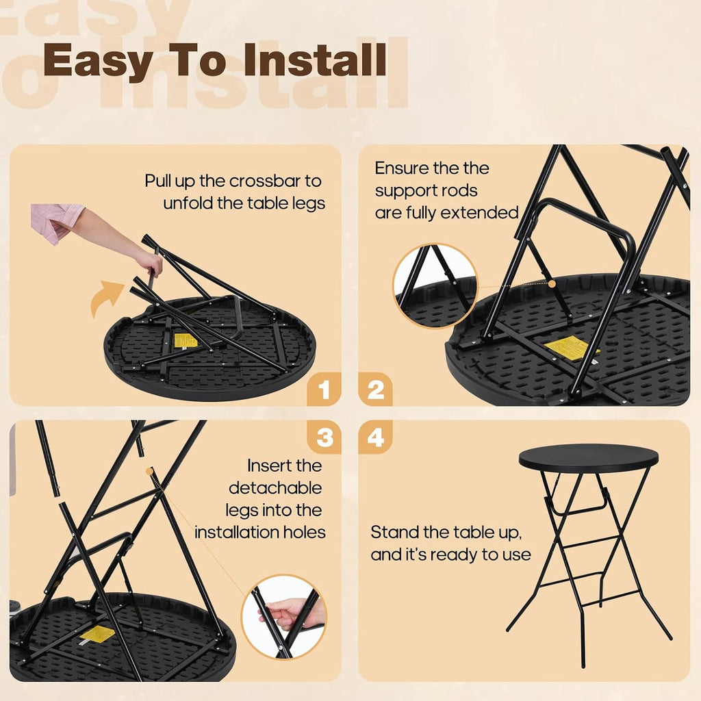 32" Round Folding Table, Portable Bar Height Folding Table with Detachable Legs, Round Foldable Table with HDPE Top for Standing Parties, Balcony, Event, Indoor Outdoor Use (Black, 2 Pack)