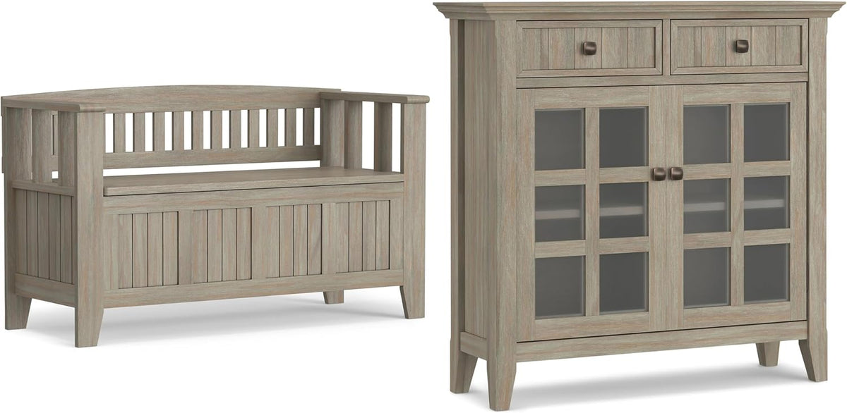 SIMPLIHOME Acadian Solid Wood 48 inch Wide Storage Bench that Seats 2 and 36 inch Wide Storage Cabinet in Distressed Grey for the Living Room, Entryway, and Family Room, Transitional Style