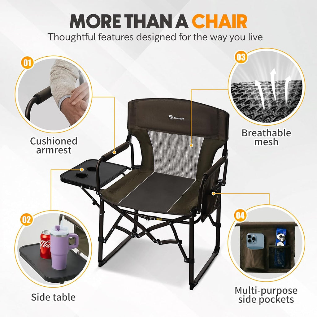 Directors Chair Foldable with Side Table, 400lb Heavy Duty for Adults Outdoor, Folding Camping Chair for Sideline Sports, Fishing, Patio, Lawn, Picnic, Beach, 1-Pack Brown