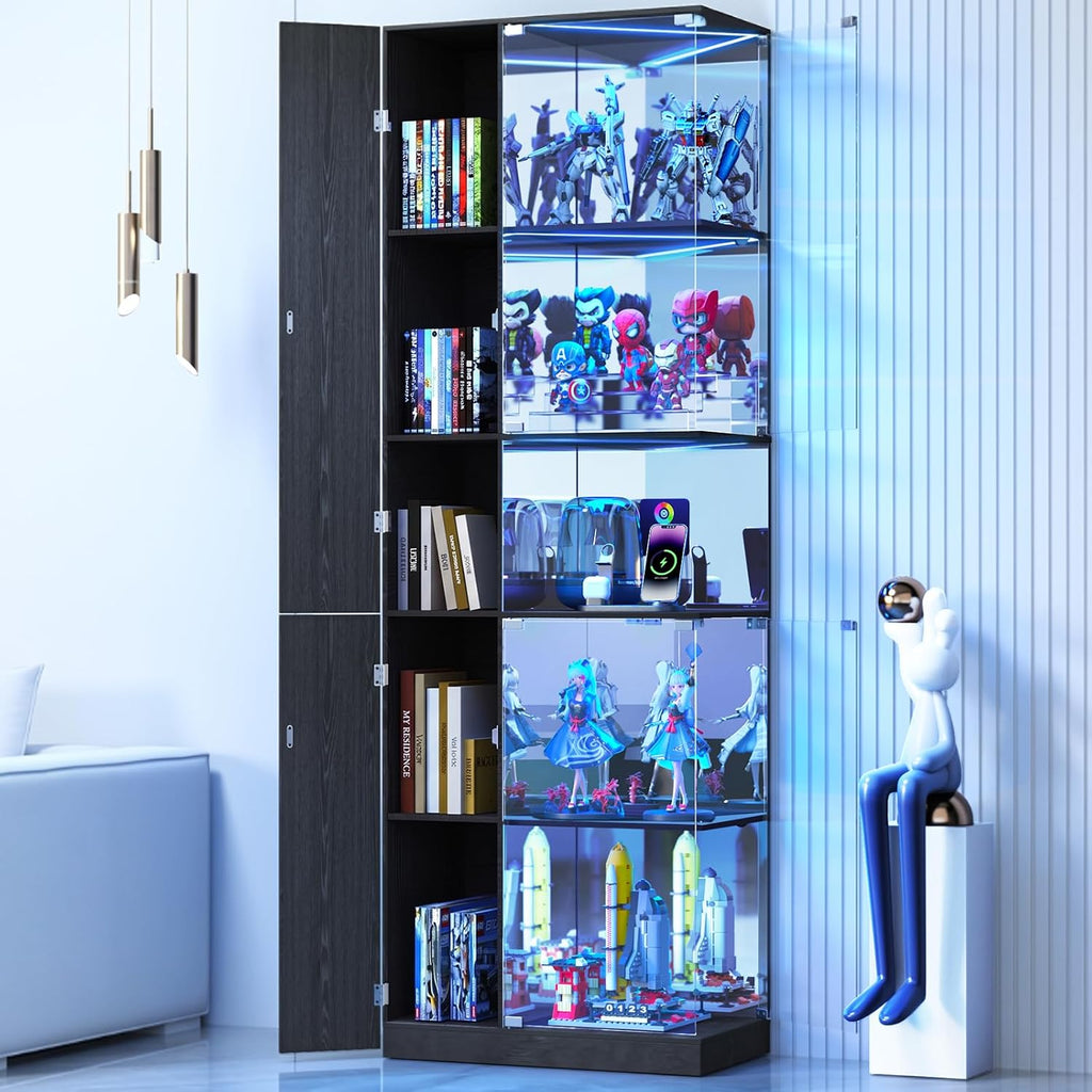 VersionTECH. Glass Display Cabinet with RGB Lights, 5-Tier Curio Cabinets with Glass Doors for Collectibles, Display Case with Adjustable Shelves, Human Sensor, Charging Station, Mirror Backing, Black