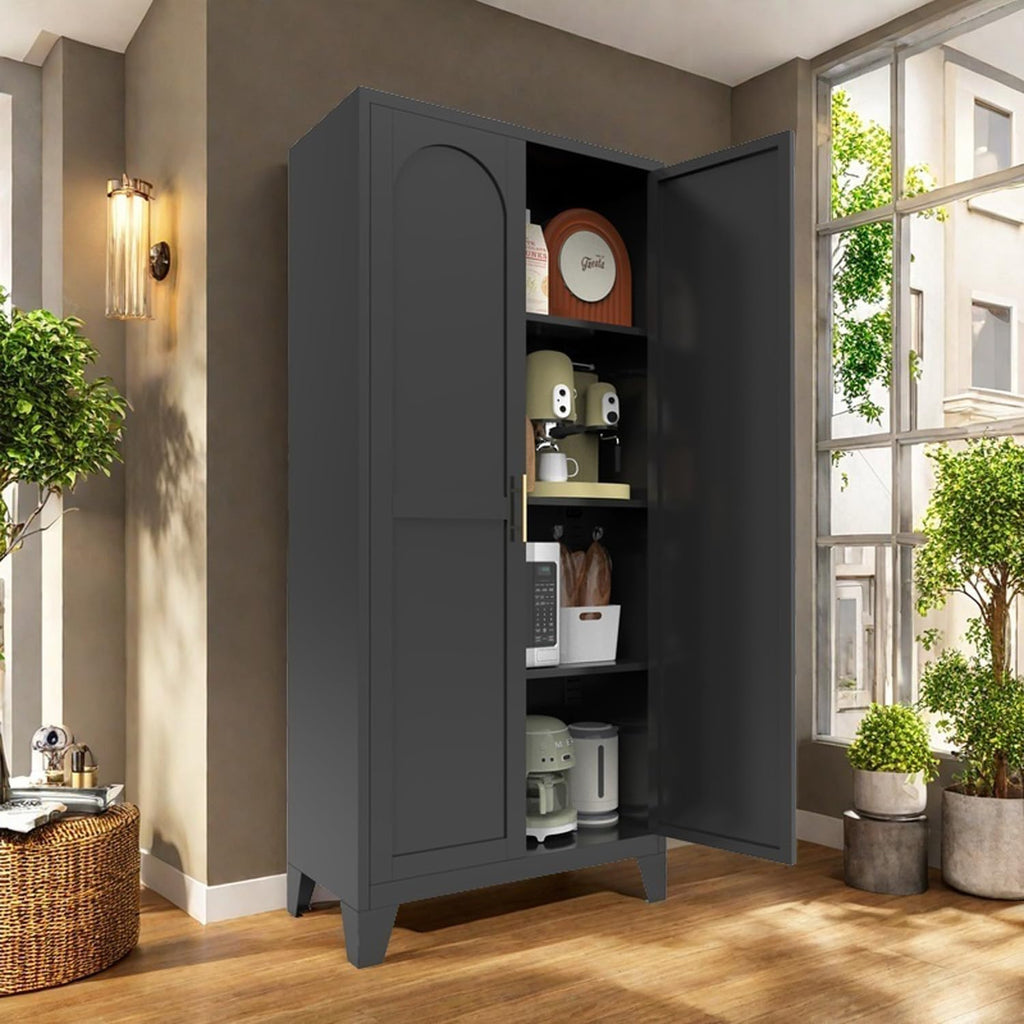 61" Tall Kitchen Pantry Cabinet, Black Metal Garage Storage Cabinet with Doors and Adjustable Shelves, Kitchen Cupboard, Pantry Cabinets for Kitchen, Dining Room, Office, Easy Assembly