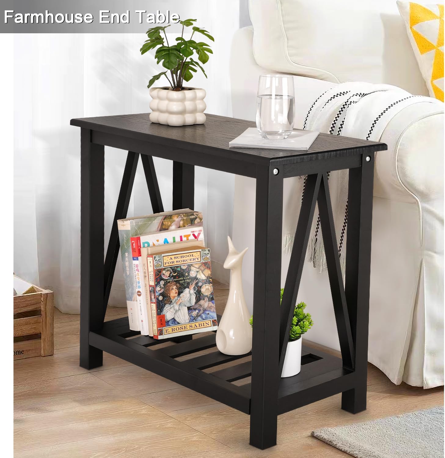 Narrow Side Table with Storage Shelf 2 Tier Wooden Nightstand Bedside Tables for Small Spaces Black Modern Accent Sofa Side Tables for Couch Living Room Bedroom Entryway