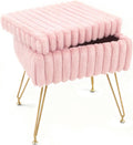 Vanity Stool Chair with Storage, Faux Fur Soft Padded Ottoman with Coffee Table, Modern Vanity Chair Fluffy Footstool with Metal Legs for Makeup, Living Room, Bedroom Pink