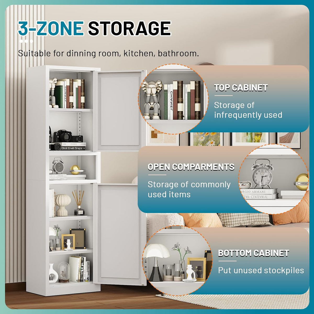 Eltean 67" Tall Narrow Storage Cabinet,Bathroom Cabinets | Narrow Pantry Cabinet with 3 Adjustable Shelves,Reversible Doors Opening,Kitchen Cupboard for Pantry,White (15.7" W)