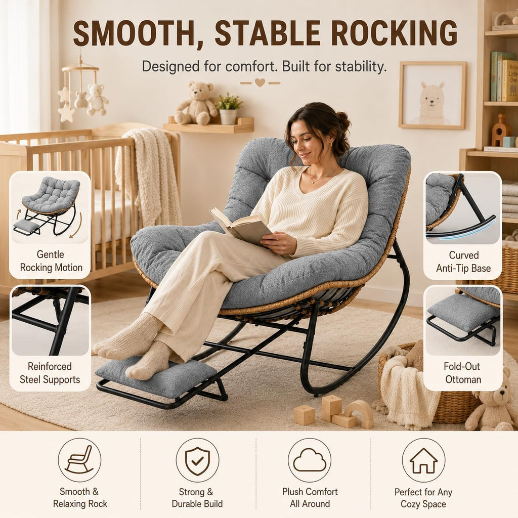 Oversized Rocking Chair with Zero-Gravity Foot Rest & Ottoman, Comfy Lounge Chair for Patio, Porch, Balcony, Indoor Reading Nook, Big Cozy Chaise Chair for Outdoor & Home Use, Grey