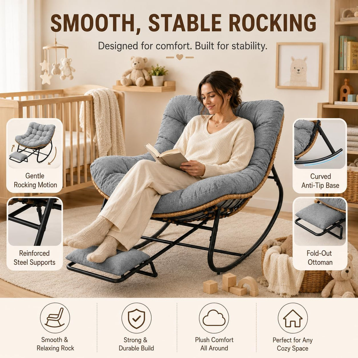 Oversized Rocking Chair with Zero-Gravity Foot Rest & Ottoman, Comfy Lounge Chair for Patio, Porch, Balcony, Indoor Reading Nook, Big Cozy Chaise Chair for Outdoor & Home Use, Grey