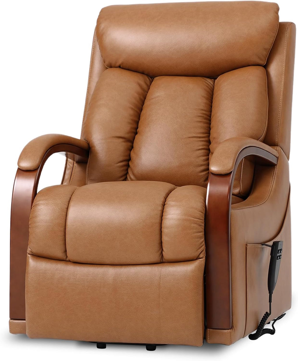 DYNOX Small Lift Chair Recliner with Heat and Massage, Dual Motor Power Lift Sofa for Elderly,Infinite Adjust for Back and Footrest,Side Pocket(9185,Genuine Leather,Camel