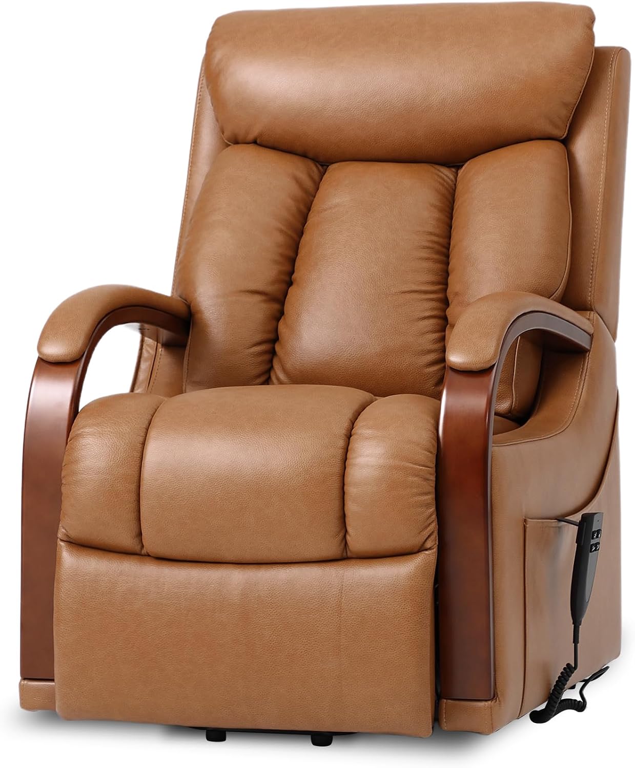 DYNOX Small Lift Chair Recliner with Heat and Massage, Dual Motor Power Lift Sofa for Elderly,Infinite Adjust for Back and Footrest,Side Pocket(9185,Genuine Leather,Camel