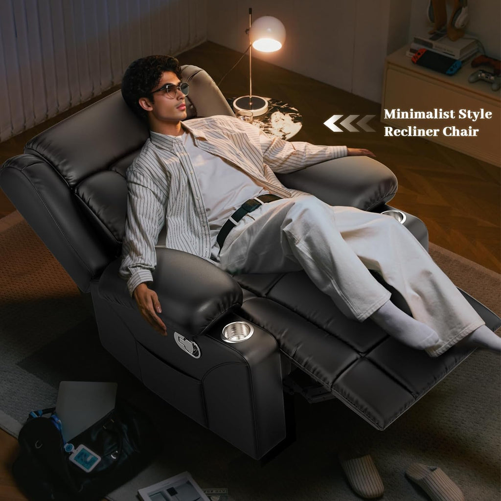 Recliner Chair for Adults, Oversized PU Leather Loveseat Recliner Manual Pull Tab Reclining Chair with Cup Holders, Minimalist Style Single Sofa for Living Room, RV (Black)