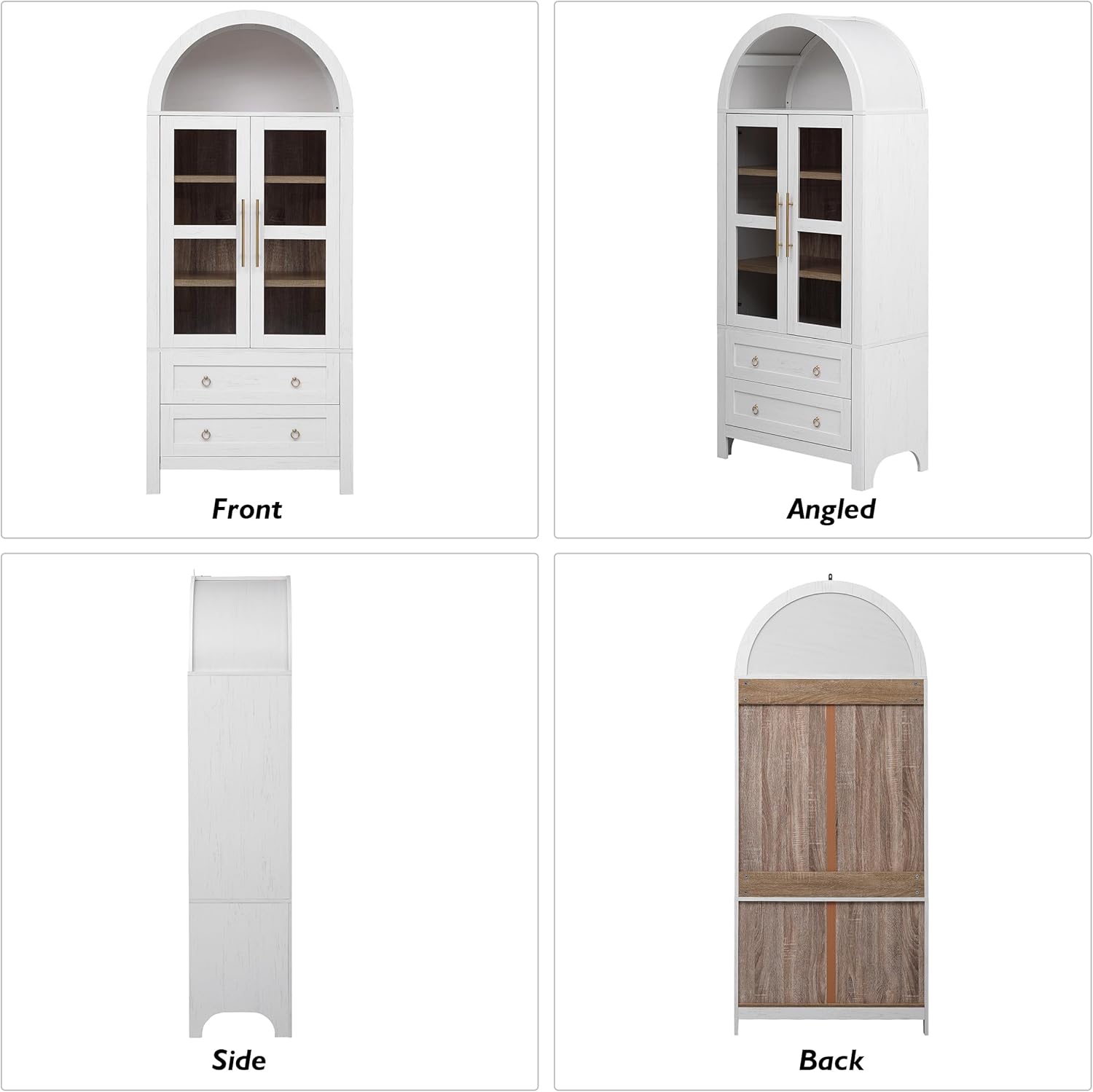 Merax 71" Tall Arched Farmhouse Pantry Cabinet with Glass Doors & 2 Large Drawers - Adjustable Shelves, Modern Kitchen Storage Cupboard for Dining Room, Living Room (30" W x 15.75" D), White