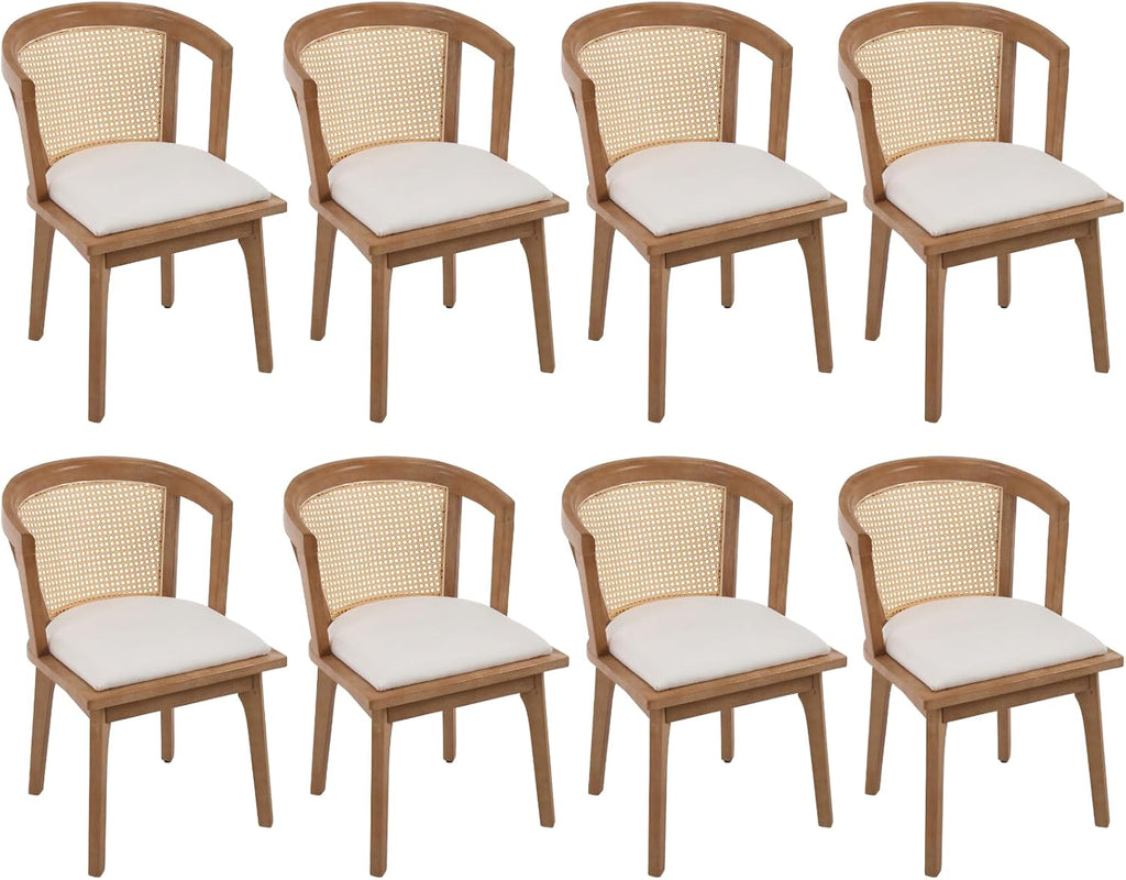 CIMOTA Mid-Century Modern Rattan Wood Dining Chairs Set of 8, Farmhouse Kitchen Chairs with Barrel Cane Backrest/Upholstered Seat/Natural Oak Finish for Dining Room/Cafe/Bistro, Linen Beige