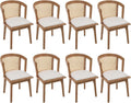 CIMOTA Mid-Century Modern Rattan Wood Dining Chairs Set of 8, Farmhouse Kitchen Chairs with Barrel Cane Backrest/Upholstered Seat/Natural Oak Finish for Dining Room/Cafe/Bistro, Linen Beige