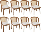 CIMOTA Mid-Century Modern Rattan Wood Dining Chairs Set of 8, Farmhouse Kitchen Chairs with Barrel Cane Backrest/Upholstered Seat/Natural Oak Finish for Dining Room/Cafe/Bistro, Linen Beige