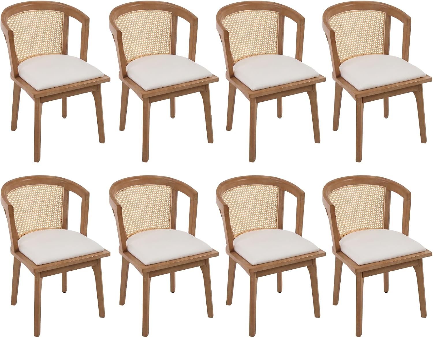 CIMOTA Mid-Century Modern Rattan Wood Dining Chairs Set of 8, Farmhouse Kitchen Chairs with Barrel Cane Backrest/Upholstered Seat/Natural Oak Finish for Dining Room/Cafe/Bistro, Linen Beige