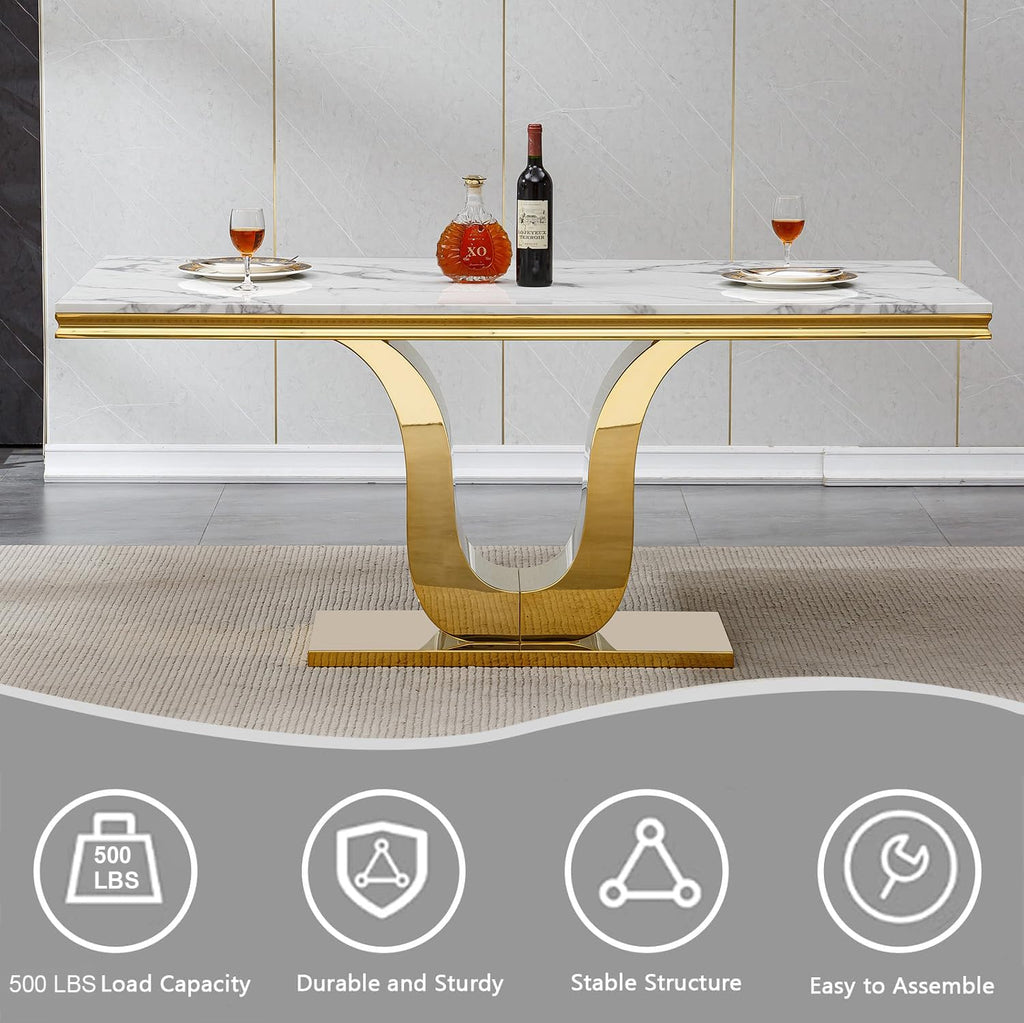 7-Piece Dining Table Set with 6 Beige Upholstered Chairs, 68" White Gold Faux Marble Kitchen Table Set for 6, U-Shape Pedestal Dining Room Table Set for 6, Modern Dining Table Set for 6