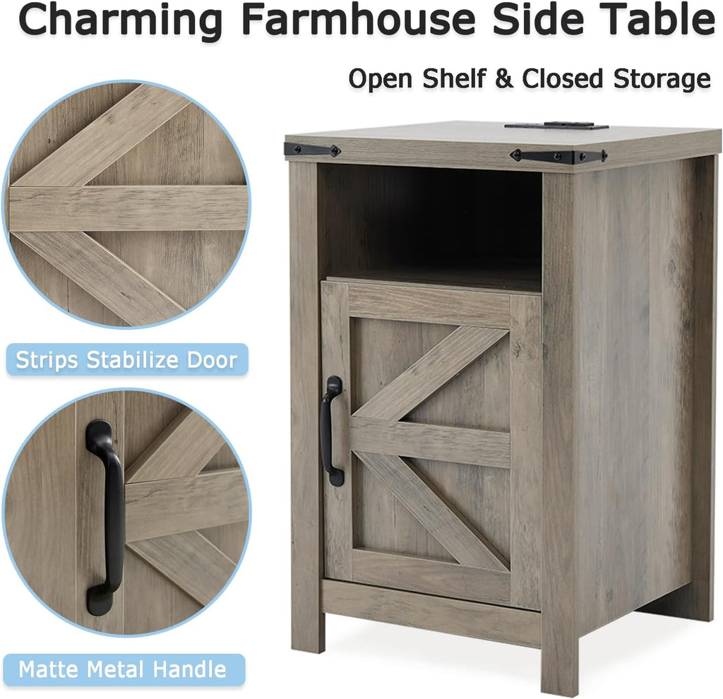 Farmhouse Living Room Table Set of 3, 2 Rustic End Table with Charging Station and 1 Sofa Table with Large Hidden Storage, Farmhouse Sofa Table Set for Living Room, Office, Grey