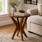 Ahokua Mid-Century Modern Round End Table, Walnut Brown Farmhouse Side Table with MDF Top and Crossed Legs for Living Room Bedroom, or Small Spaces