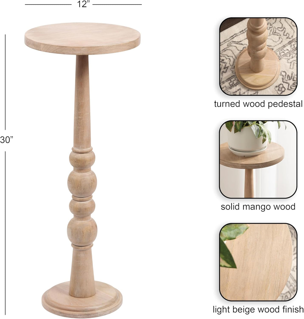 Kate and Laurel Wegner Traditional Wooden Round Drink Table, 12 x 12 x 30, Light Natural Wood, Elegant and Durable Mango Wood Pedestal Table for Use as Indoor Plant Stand or Useful Living Room Decor