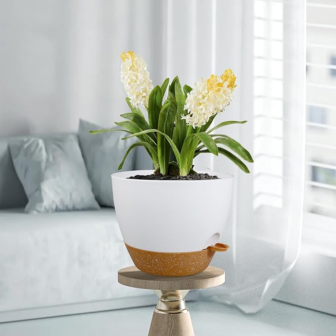 12 inch Large Self Watering Pots for Indoor Outdoor Plants, Plant Pots with Mesh Drainage Holes for Garden House Plants, Plastic Planters with Reservoir for Flower Plants, White with Brown