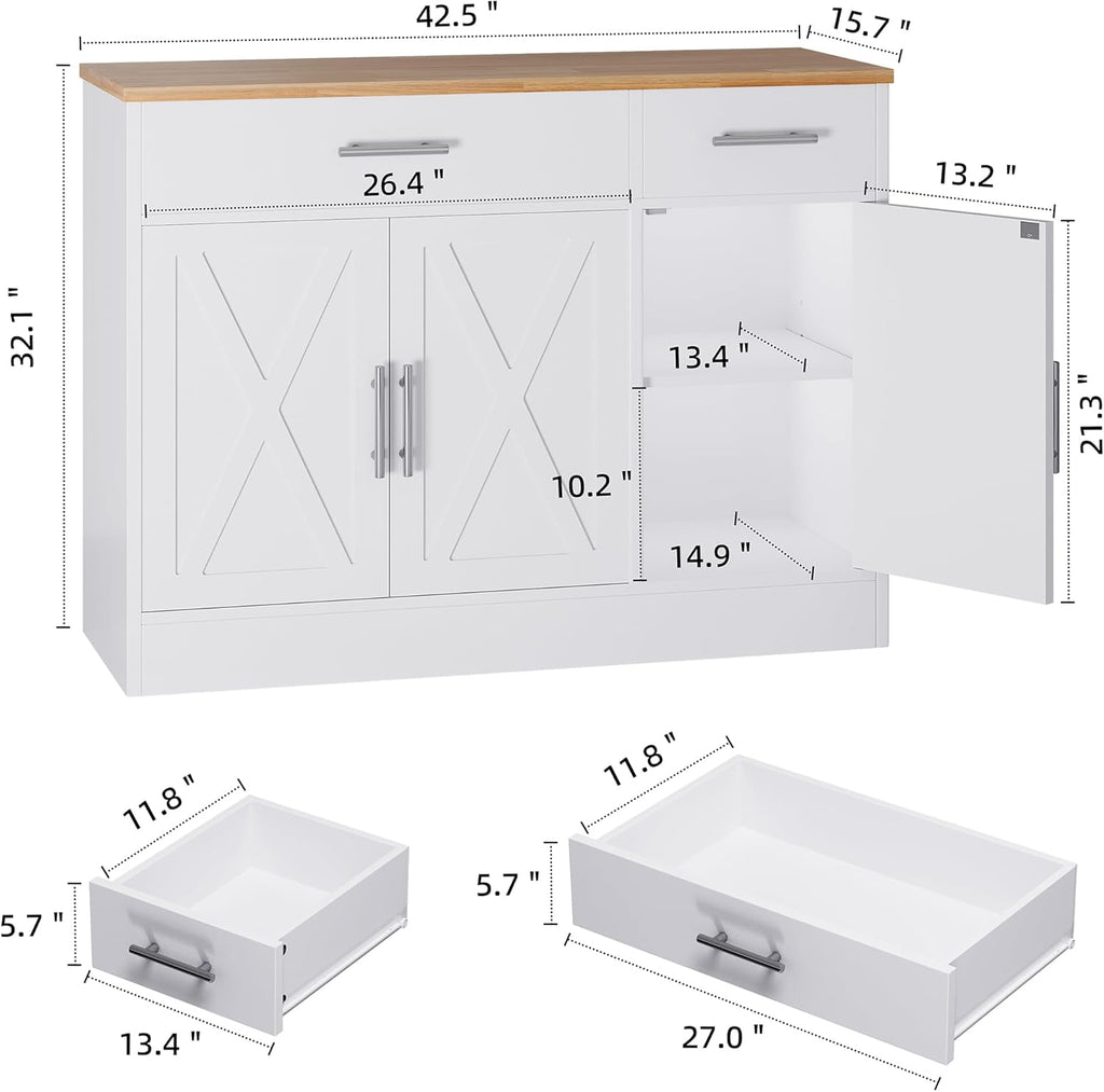 Shintenchi Modern Farmhouse Sideboard Buffet Cabinet with Storage with 3 Doors,42" Barn Doors Buffet Cabinet with Storage, Wood Coffee Bar Cabinets with Adjustable Shelf for Kitchen Living Room,White