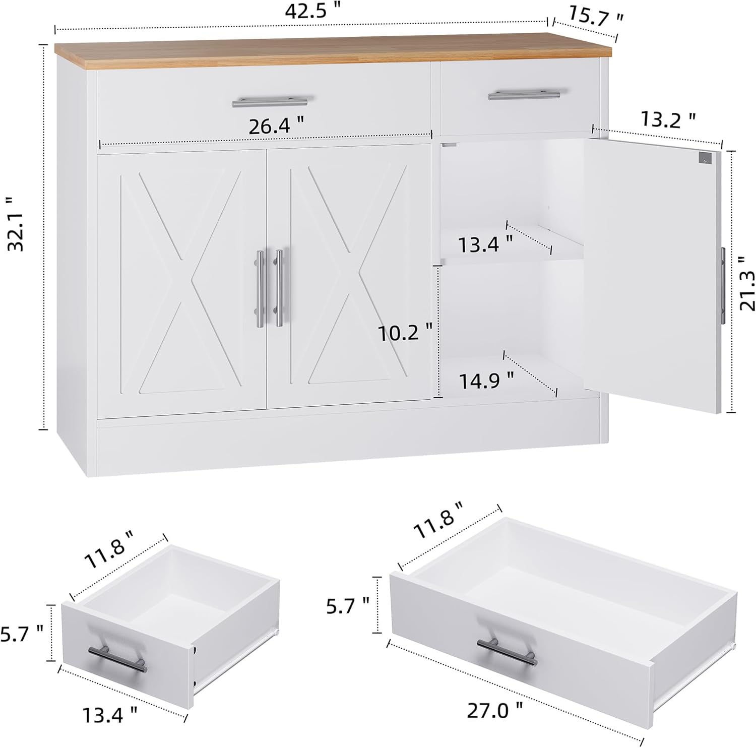 Shintenchi Modern Farmhouse Sideboard Buffet Cabinet with Storage with 3 Doors,42" Barn Doors Buffet Cabinet with Storage, Wood Coffee Bar Cabinets with Adjustable Shelf for Kitchen Living Room,White