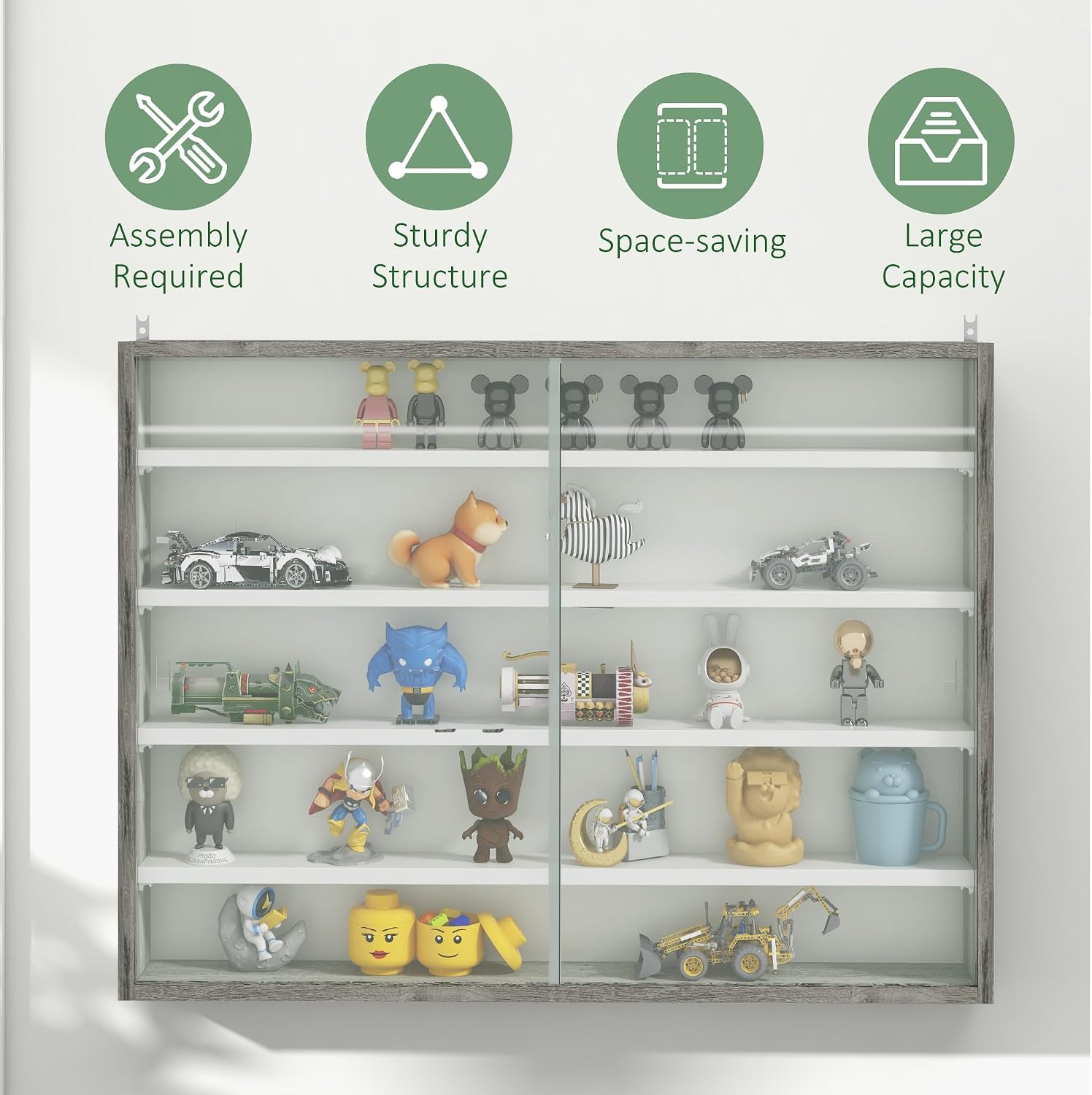 HOMCOM 5-Storey Wall Shelf Display Cabinet, Shot Glass Display Case, Glass Curio Cabinet with 2 Glass Doors and 4 Adjustable Shelves, Grey and White