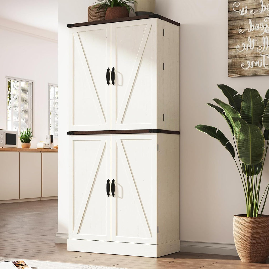 Farmhouse Kitchen Pantry Cabinet with 3 Drawers,71" Tall Rustic Wood Storage Cabinet with 6 Door Shelves,with Load-Bearing Steel Pipe,Pantry Organizers for Kitchen,Dining Room(Rustic Off White)