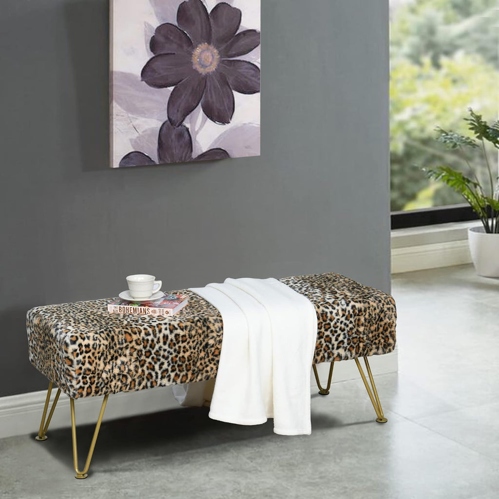 Leopard Print Rectangle Ottoman 46"x16"x17" Faux Fur Entryway Bench Footrest Stool Accent Seating Cheetah Furry Ottoman Bedroom Vanity End of Bed for Bathroom Living Room Decor