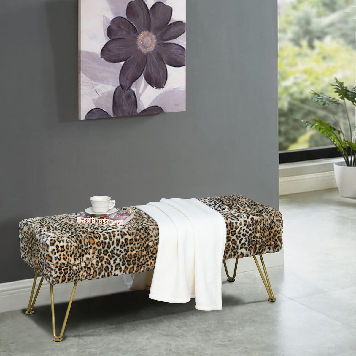Leopard Print Rectangle Ottoman 46"x16"x17" Faux Fur Entryway Bench Footrest Stool Accent Seating Cheetah Furry Ottoman Bedroom Vanity End of Bed for Bathroom Living Room Decor