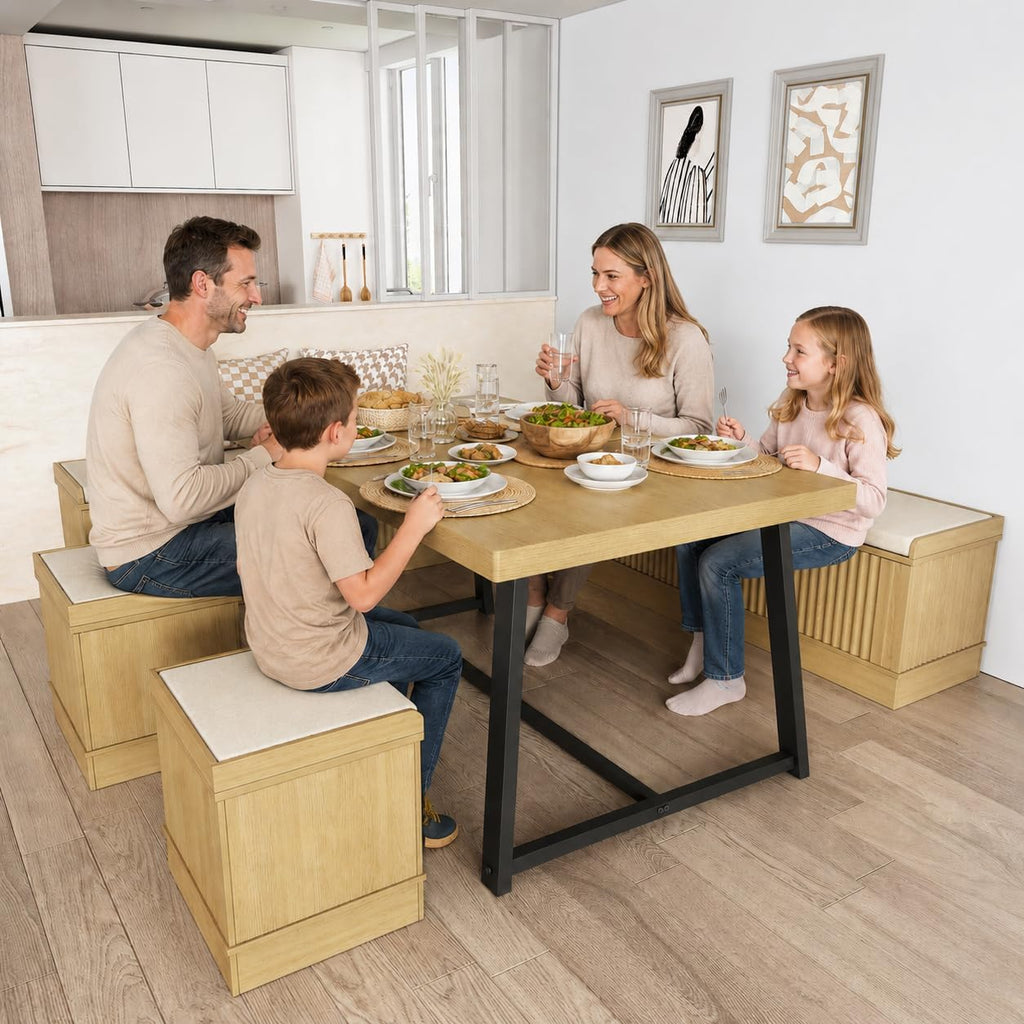 XIAO WEI Corner Dining Table Set, 6-Piece Breakfast Nook Dining Set with Storage Bench and Stools, 47" Banquette Seating for Small Space, Apartment Kitchen & Dining Room, Natural Wood
