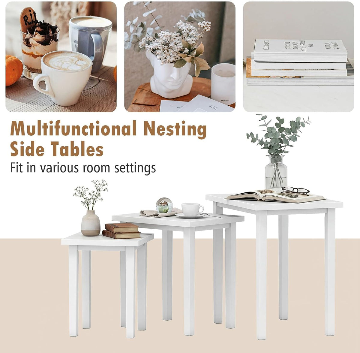 Giantex Nesting Tables Set of 3, Farmhouse Stacking Side Table with Rubber Legs, Wooden Rectangle Accent End Table, Nesting Coffee Tables for Living Room Bedroom (White)