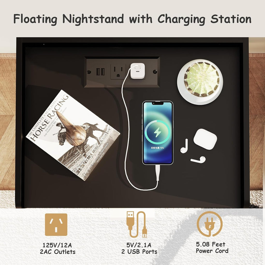 Arbuxzuy Floating Nightstand Set of 2 with Charging Station and Drawer | Modern Black Wall Mounted Bedside Table with Open Shelf, Minimalist Wooden Floating Night Stand for Bedroom Small Spaces