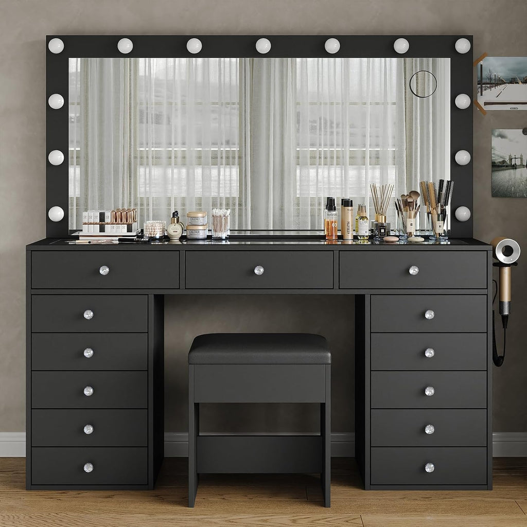 FUSOU Makeup Vanity with Power Outlet & Lighted Mirror, 13 Drawers Vanity Desk, 3 Lighting Modes Adjustable, Glass Top, Dressing Table with Chair for Bedroom (Black)
