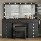 FUSOU Makeup Vanity with Power Outlet & Lighted Mirror, 13 Drawers Vanity Desk, 3 Lighting Modes Adjustable, Glass Top, Dressing Table with Chair for Bedroom (Black)