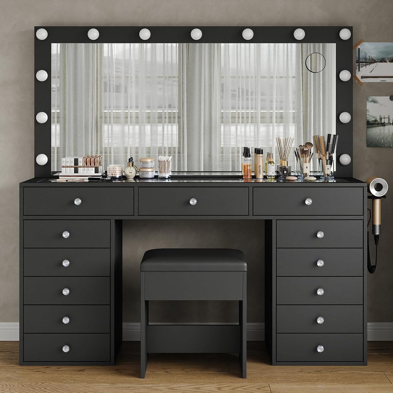 FUSOU Makeup Vanity with Power Outlet & Lighted Mirror, 13 Drawers Vanity Desk, 3 Lighting Modes Adjustable, Glass Top, Dressing Table with Chair for Bedroom (Black)