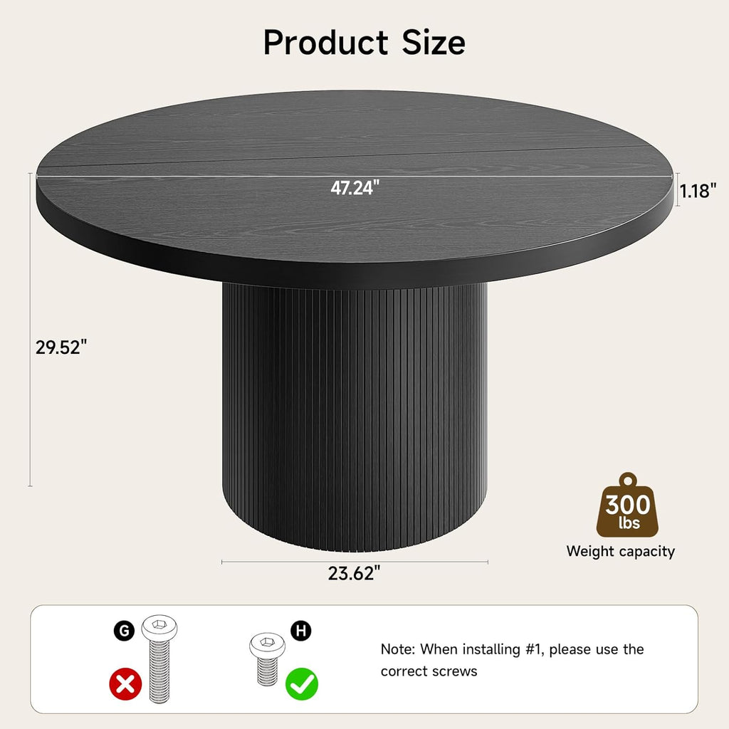 47 inch Round Dining Table for 4, Circle Kitchen Table with Wood Strip Base, Modern Farmhouse Dinner Tables for Kitchen, Living Room (Black)