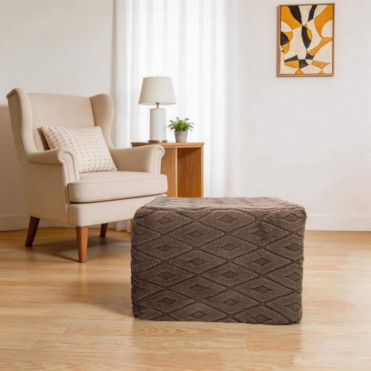 Fluffy Square Ottoman Pouf with All-in-One Foam Filling 20 x 14 Inches Furry Ottoman Foot Rest Foot Stool for Living Room or Bedroom (Coffee)