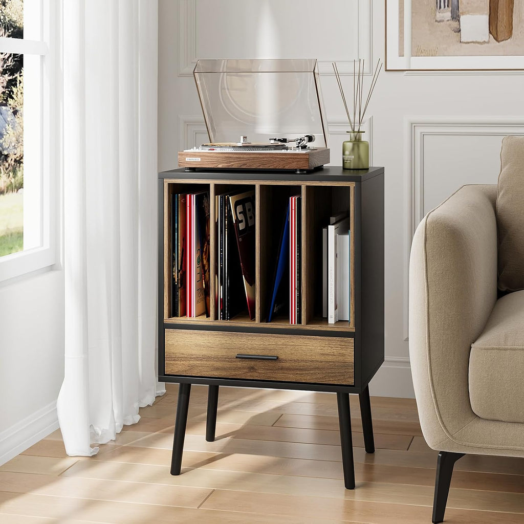 Record Player Stand with Vinyl Record Storage, Turntable Stand with Storage Cabinet Holds up to 180 Albums, Mid-Century Vinyl Holder Storage Shelf for Living Room