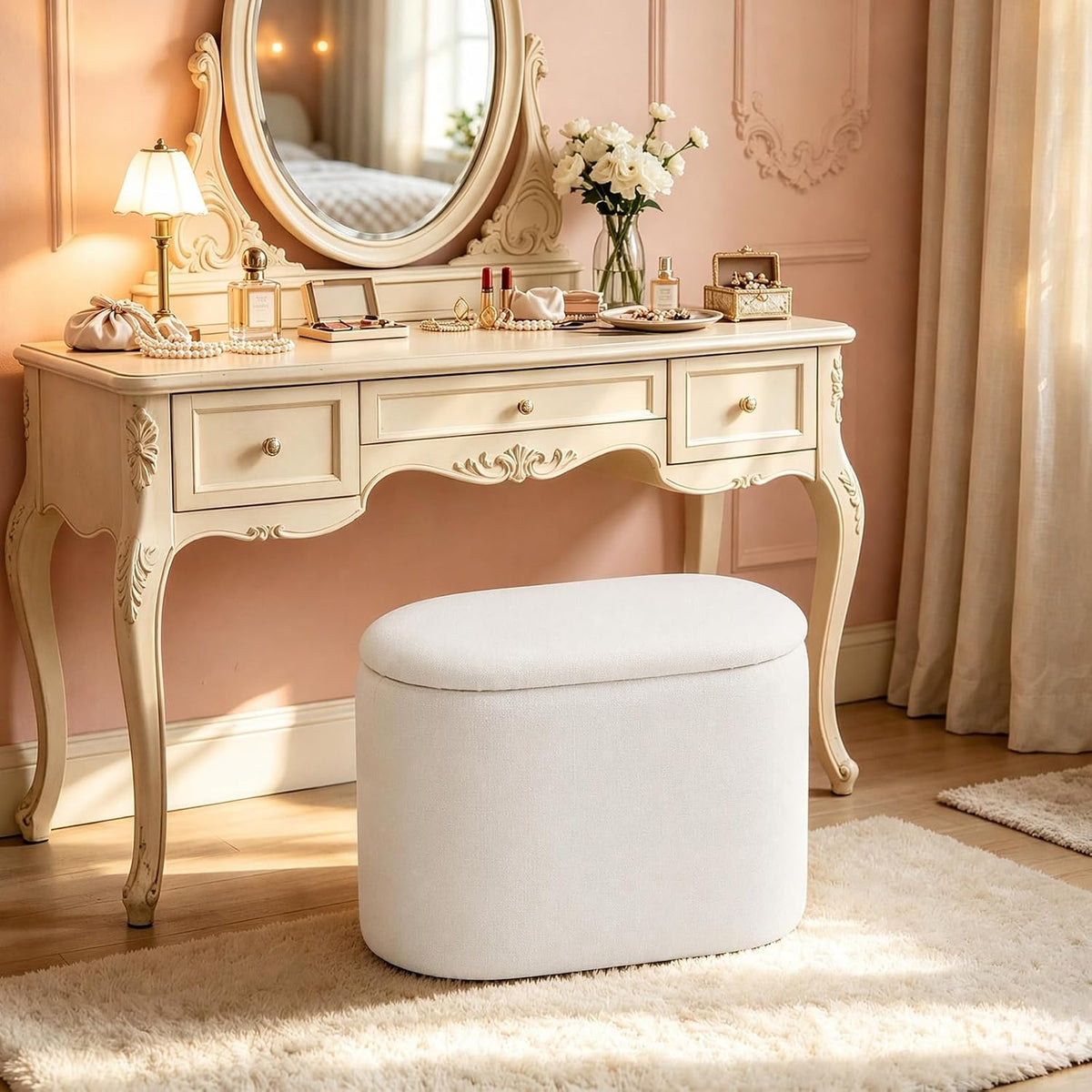 Oval Ottoman with Storage for Living Room, Modern Linen Fabric Foot Stools Ottoman, Upholstered Vanity Stool Foot Rest, Small White Storage Bench for Bedroom, Entryway, Dorm