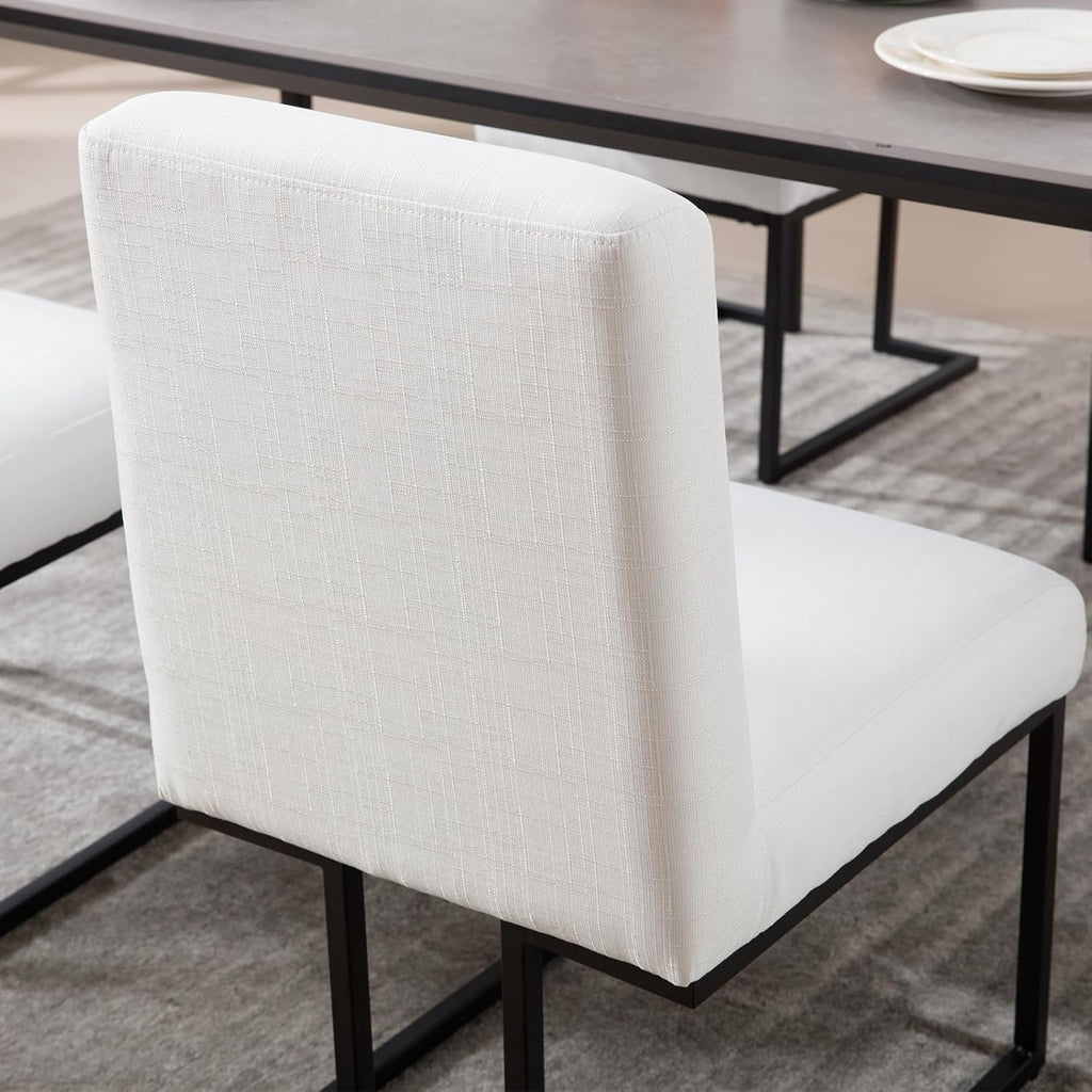 Upholstered Dining Chairs Set of 2, Modern Linen Fabric Kitchen & Dining Room Chairs with Metal Legs, Cuverd Back Comfy Side Chair for Dinner, Living Room, Reception, White