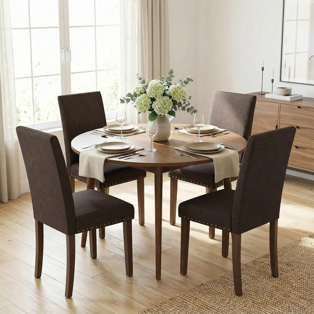 TLSUNNY Upholstered Dining Chairs Set of 2/4, Tufted Parsons Design with Nail Head Trim, Solid Wood Legs and Padded Seat, Comfortable Fabric for Dining Room, Kitchen (Brown, Set of 4)