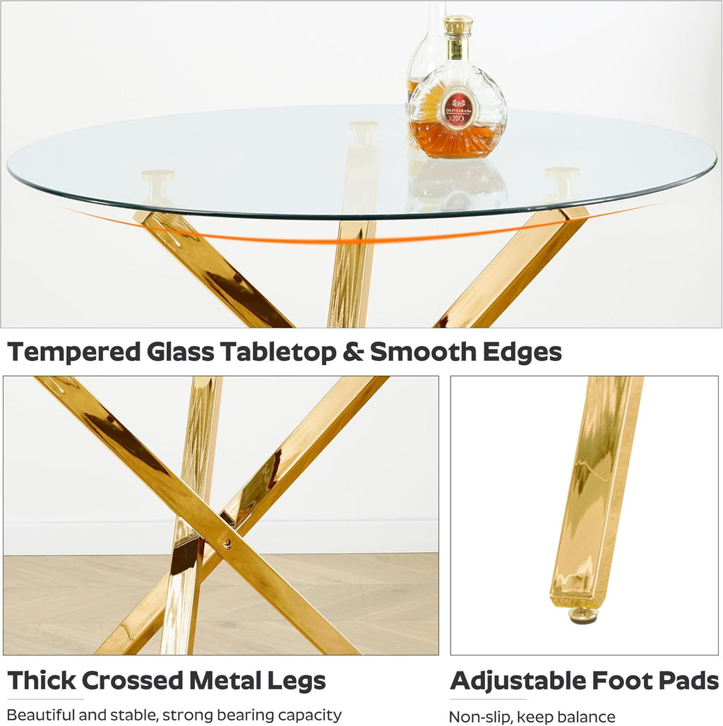 yeag 39'' Modern Round Dining Table Set for 4, Tempered Glass Top & Square Tube Crossed Metal Legs, with 4 Velvet Upholstered Tufted Chairs (Gold & Black)