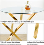yeag 39'' Modern Round Dining Table Set for 4, Tempered Glass Top & Square Tube Crossed Metal Legs, with 4 Velvet Upholstered Tufted Chairs (Gold & Black)