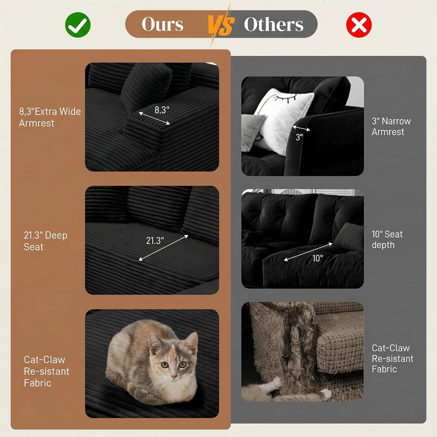 95" L Shaped Cloud Sectional Couches for Living Room, Modern Comfy Modular Deep Seat Memory Foam Compressed Corduroy Sofa Oversized Right Facing Chaise, No Assembly Required, Balck