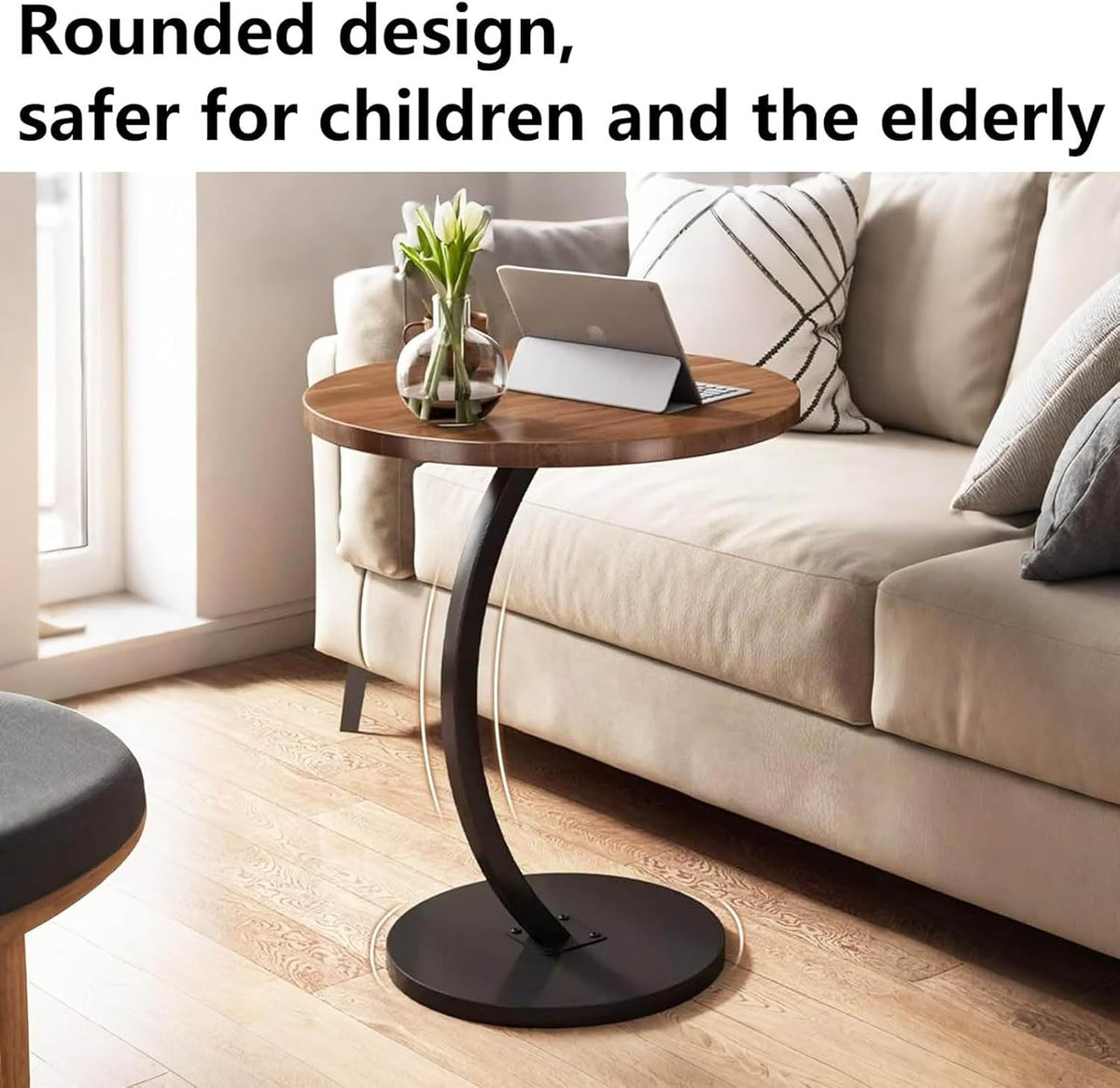 C Shaped End Table for Couchs, Couch Tables That Slide Under, Couch Side Table for Laptop, Suitable for Living Room, Bedroom and Small Spaces,White