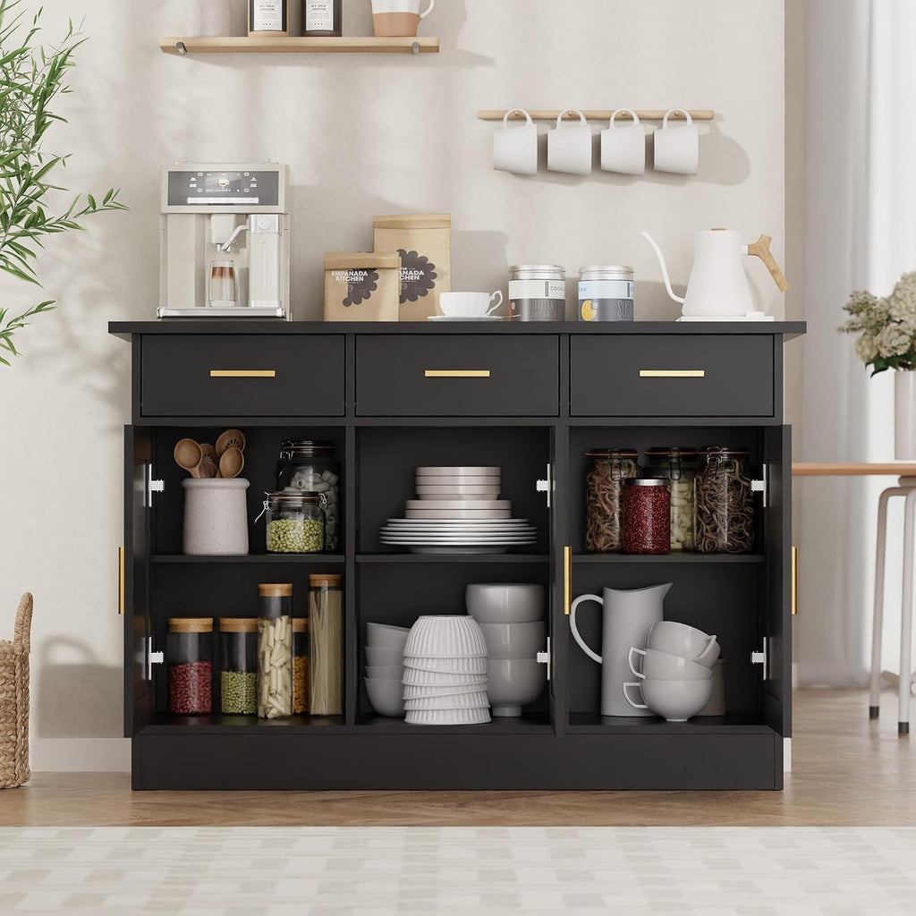 Buffet Cabinet with Storage - Buffets & Sideboards Kitchen Storage Cabinet, Wood Console Table Coffee Bar Accent Cabinets for Living Room Dining Room Entryway Large 3 Doors & Drawers, Black 47.2"W