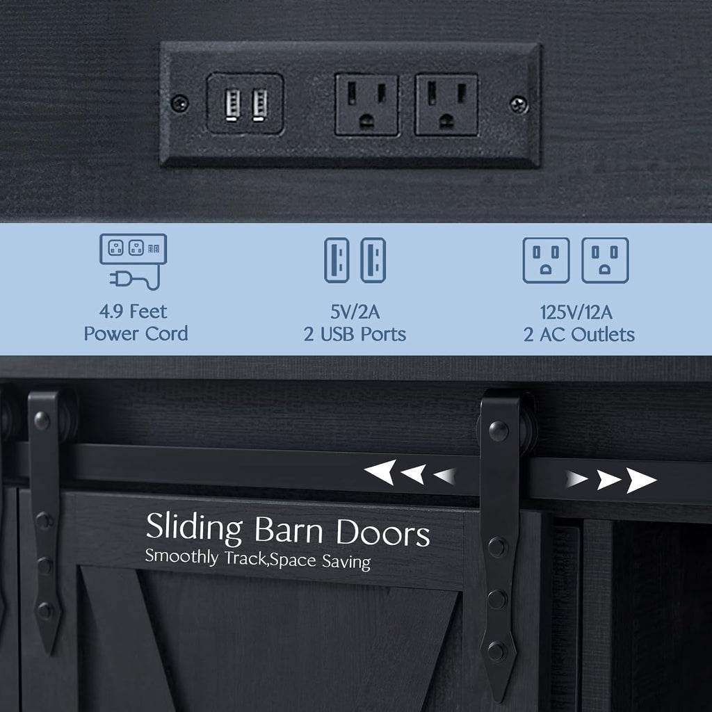 Wnutrees Farmhouse Coffee Bar Cabinet with Charging Station and USB, Black | 39" Kitchen Hutch Sideboard Buffet with Sliding Barn Door, Storage Cabinet for Dining Living Room