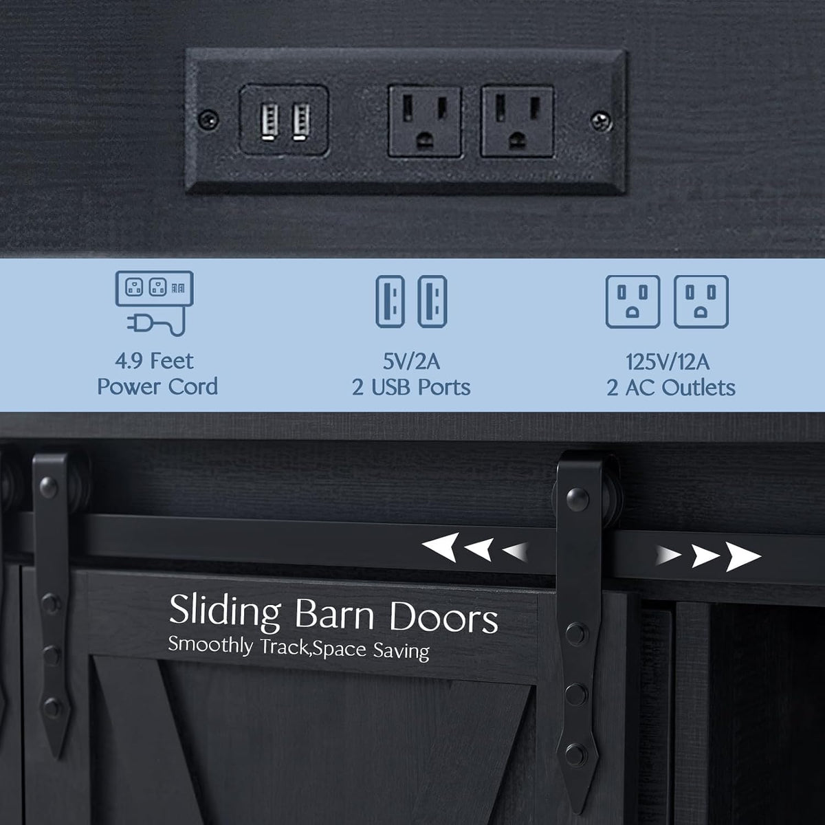 Wnutrees Farmhouse Coffee Bar Cabinet with Charging Station and USB, Black | 39" Kitchen Hutch Sideboard Buffet with Sliding Barn Door, Storage Cabinet for Dining Living Room