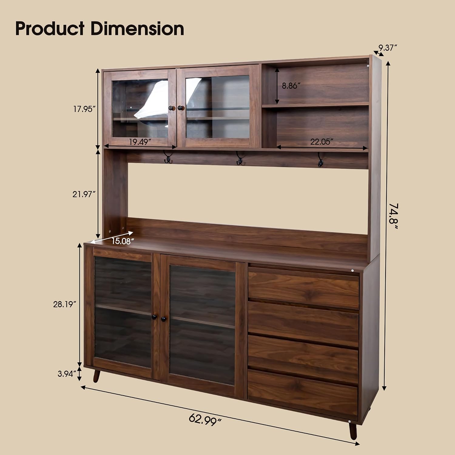 63" Large Kitchen Hutch Cabinet with 4 Doors, 4 Drawers and Microwave Shelf, Farmhouse Pantry Storage Cupboard with Countertop for Kitchen and Dining Room(Walnut Brown)